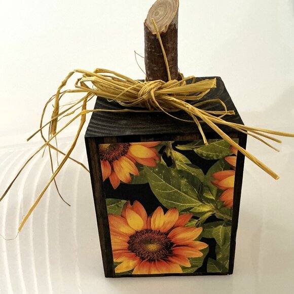 SUNFLOWER PUMPKIN BLOCK SOLID WOOD FALL DÉCOR AUTUMN THANKSGIVING - Picture 2 of 9